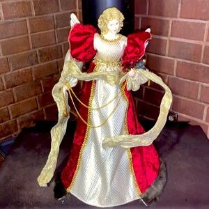 Vintage 1980s Porcelain Angel Tree Topper or Shelf /Mantle Decor Burgundy & Gold